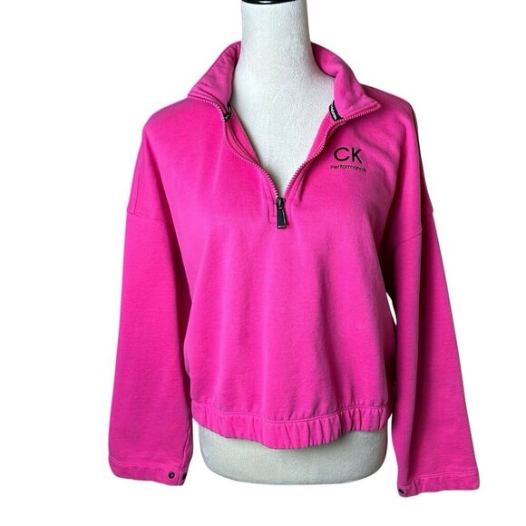 Calvin Klein Sweaters - Calvin Klein Performance Hot Pink Cropped Quarter Zip Logo Fleece Pullover Sz XL